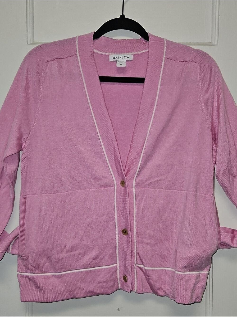Athleta Pink Button-Front V-Neck Cardigan with White Trim